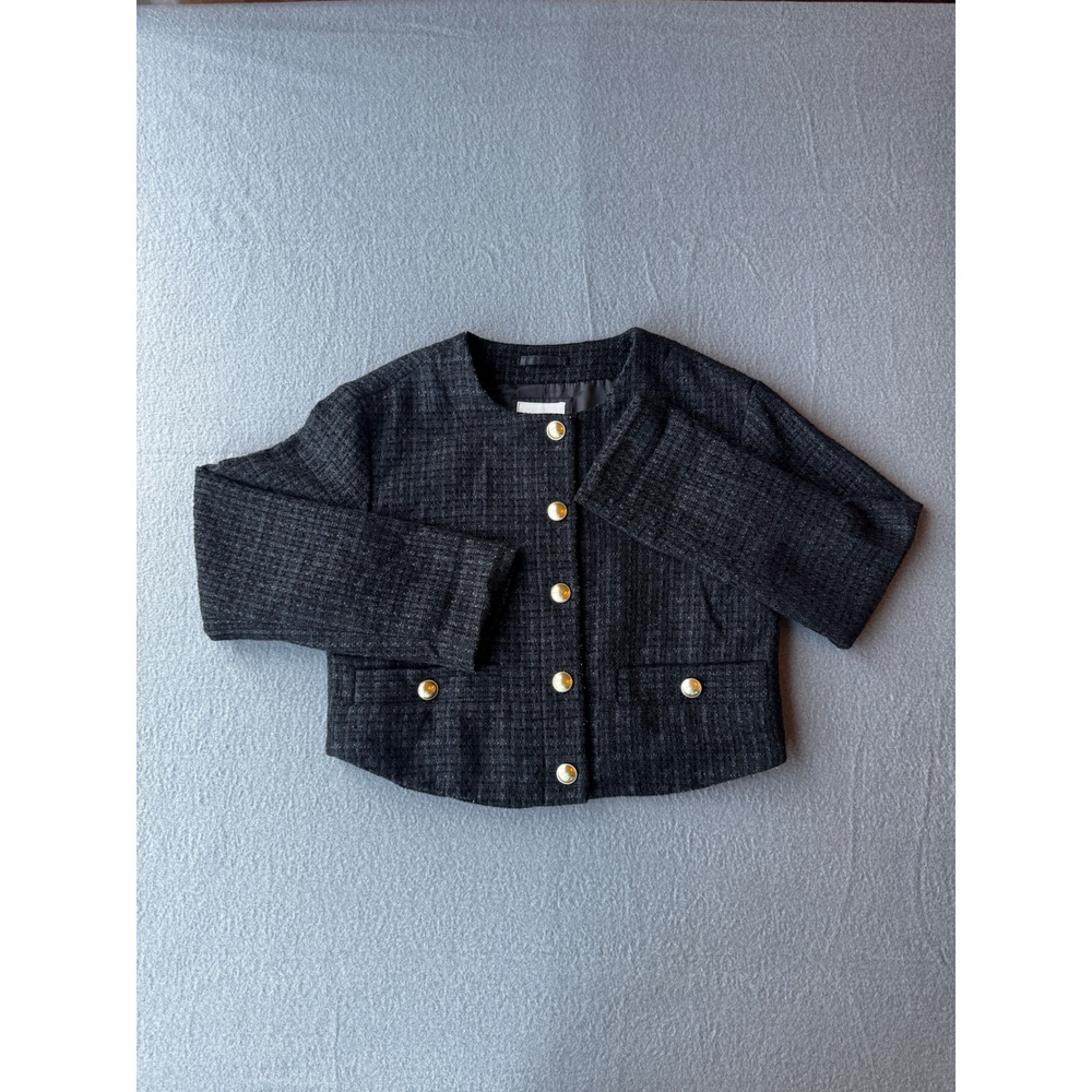 Abercrombie & Fitch Women Dark Grey Cropped Tweed Jacket Gold Buttons Small